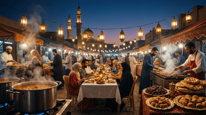 A bustling global food tour market featuring diverse dishes for travelers traveling during Ramadan.