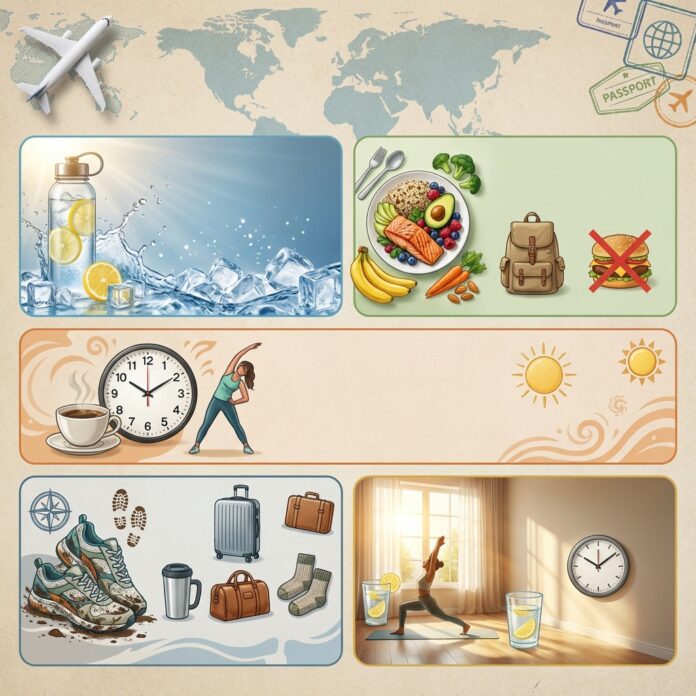 Infographic with five panels on a travel-themed background showing tips for healthy travel, including lemon water, balanced meals (salmon and avocado), stretching, sun exposure, and packing athletic gear.